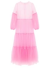 Neon pinkes Maxikleid aus Tüll mit weitem Rock und Puffärmeln