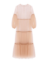 Maxikleid in Nude aus Tüll mit weitem Rock und Puffärmeln