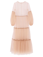 Maxikleid in Nude aus Tüll mit weitem Rock und Puffärmeln