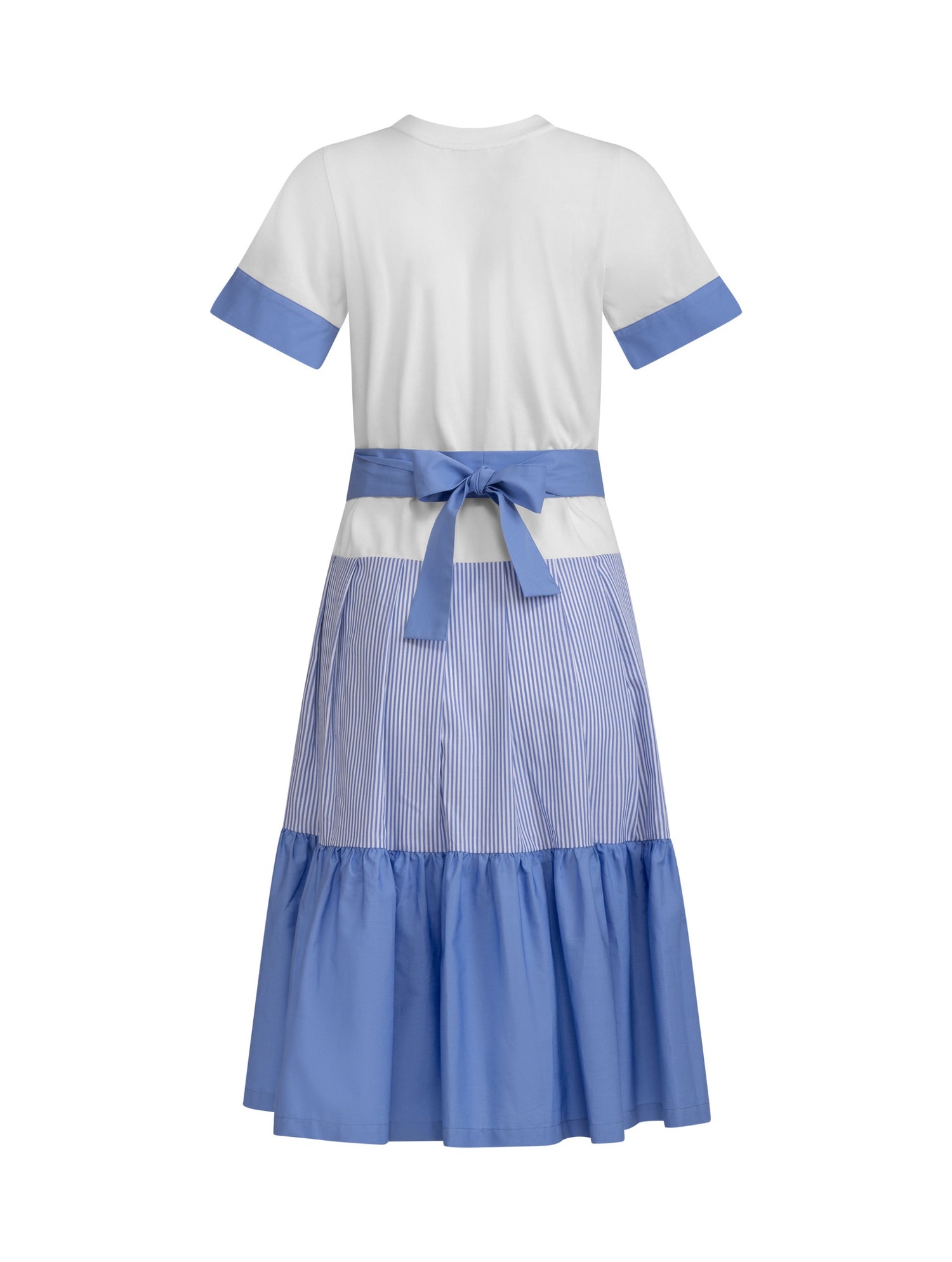 Locker fallendes Midikleid mit weißem T-Shirt Oberteil mit Rockteil aus getreifterund blauer Baumwolle, tragbar mit und ohne Gürtel aus bleuer Baumwolle. Stoffe kommen aus dem Altbestand der Firma, daher nachhaltig.