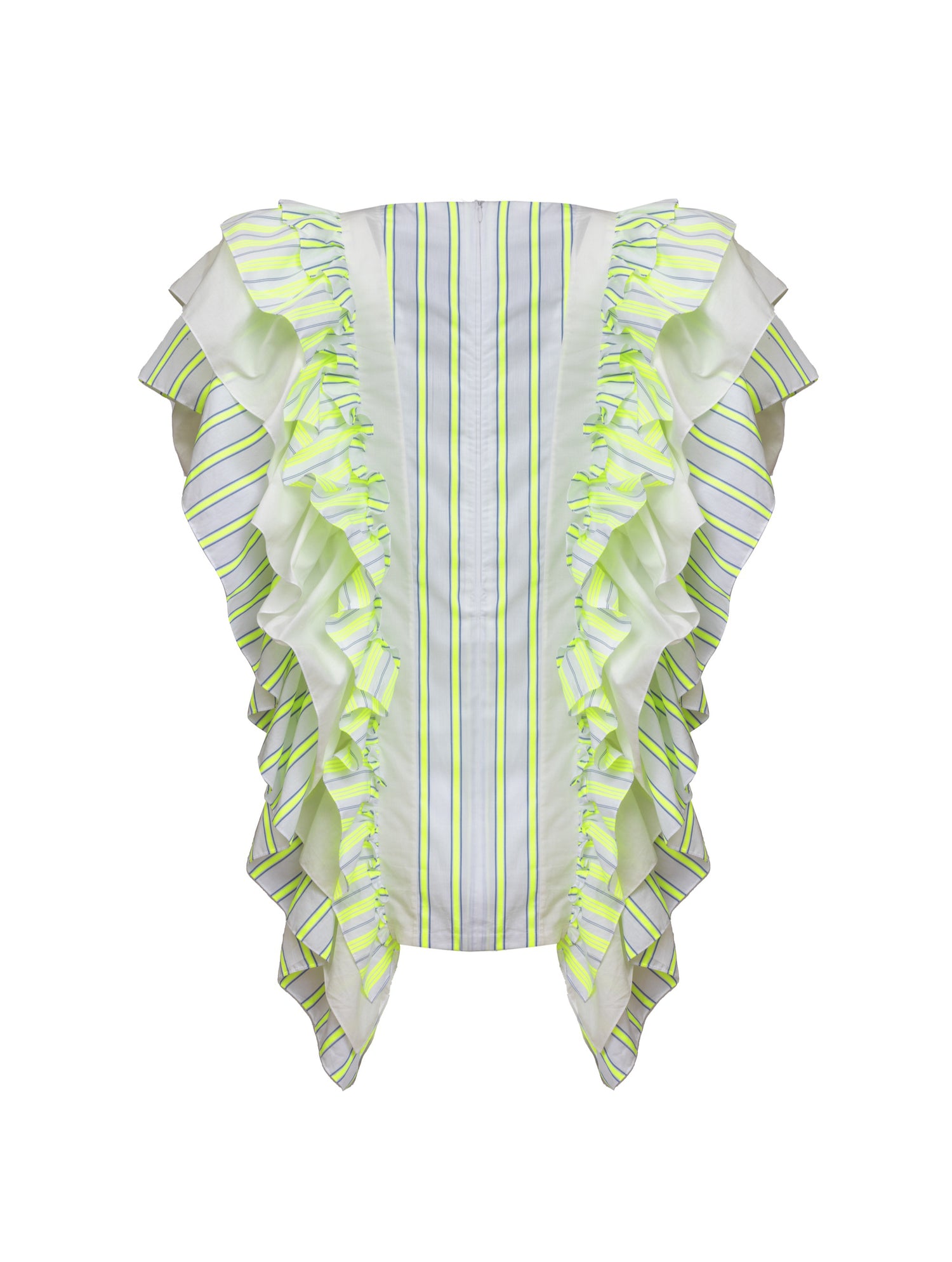 Hochgeschlossenes Minikleid mit breiten Volants aus Baumwolle entlang der Vorder- und Rückenteile für eine raffinierte Ästhetik.