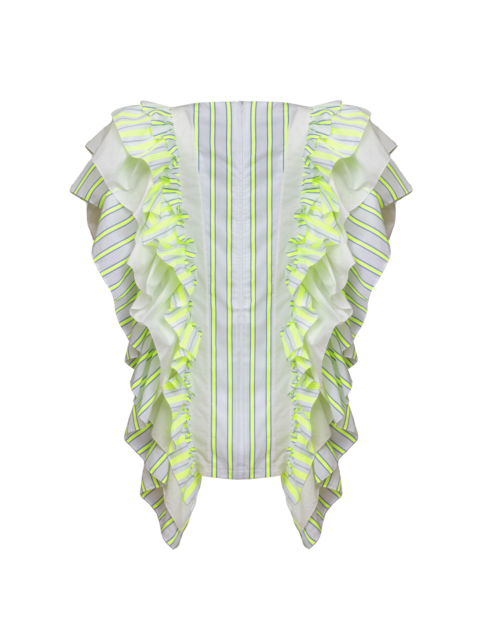 Hochgeschlossenes Minikleid mit breiten Volants aus Baumwolle entlang der Vorder- und Rückenteile für eine raffinierte Ästhetik.