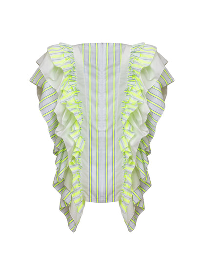 Hochgeschlossenes Minikleid mit breiten Volants aus Baumwolle entlang der Vorder- und Rückenteile für eine raffinierte Ästhetik.