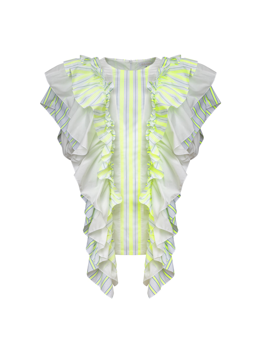 Hochgeschlossenes Minikleid mit breiten Volants aus Baumwolle entlang der Vorder- und Rückenteile für eine raffinierte Ästhetik.