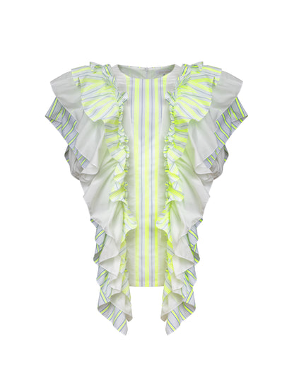 Hochgeschlossenes Minikleid mit breiten Volants aus Baumwolle entlang der Vorder- und Rückenteile für eine raffinierte Ästhetik.