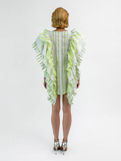 Hochgeschlossenes Minikleid mit breiten Volants aus Baumwolle entlang der Vorder- und Rückenteile für eine raffinierte Ästhetik.