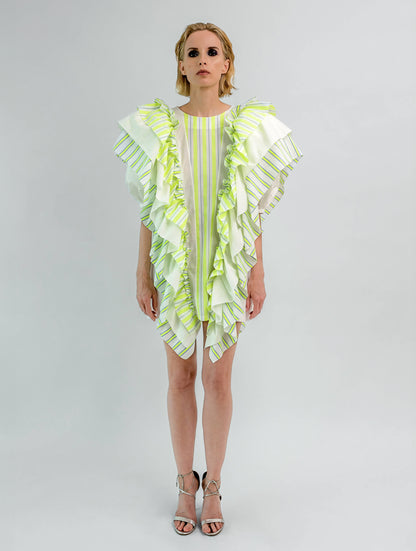 Hochgeschlossenes Minikleid mit breiten Volants aus Baumwolle entlang der Vorder- und Rückenteile für eine raffinierte Ästhetik