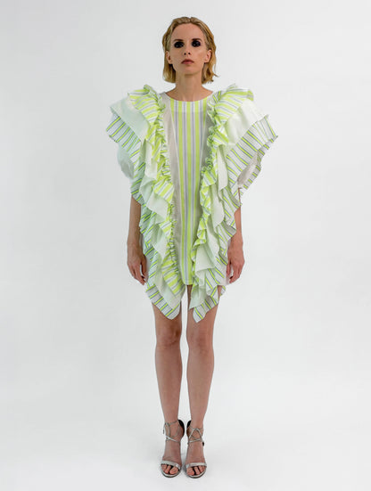 Hochgeschlossenes Minikleid mit breiten Volants aus Baumwolle entlang der Vorder- und Rückenteile für eine raffinierte Ästhetik.