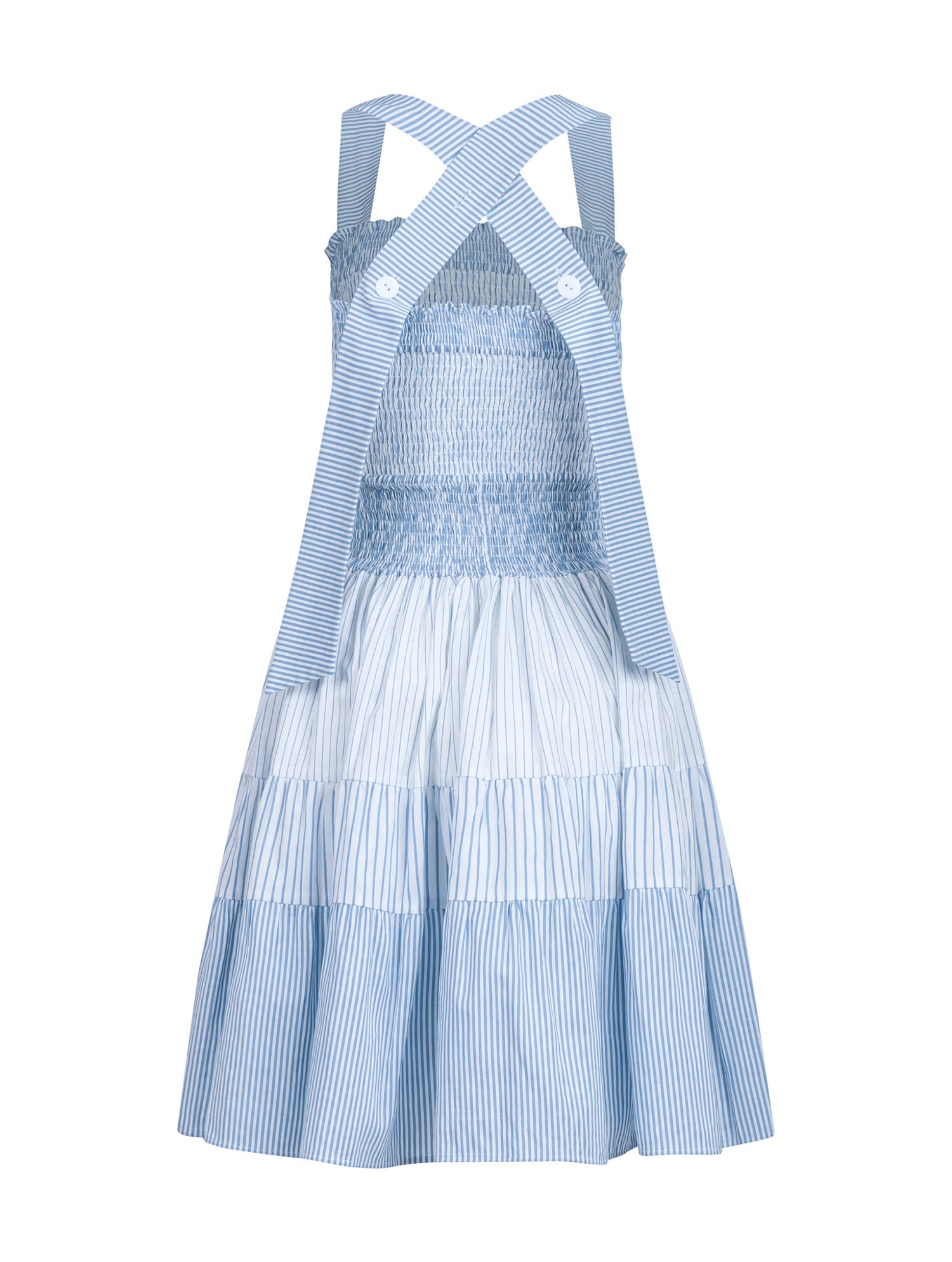 Ausgestelltes Midikleid, unterschiedlichen Stoffkomponenten mit elastischen Smocking im Oberteil, die breiten Träger können auf zwei unterschiedliche Weisen getragen werden, parallel oder überkreuzt durch 2 Köpfe auf der Rückseite.  Reborn, da aus Katarina gemacht.