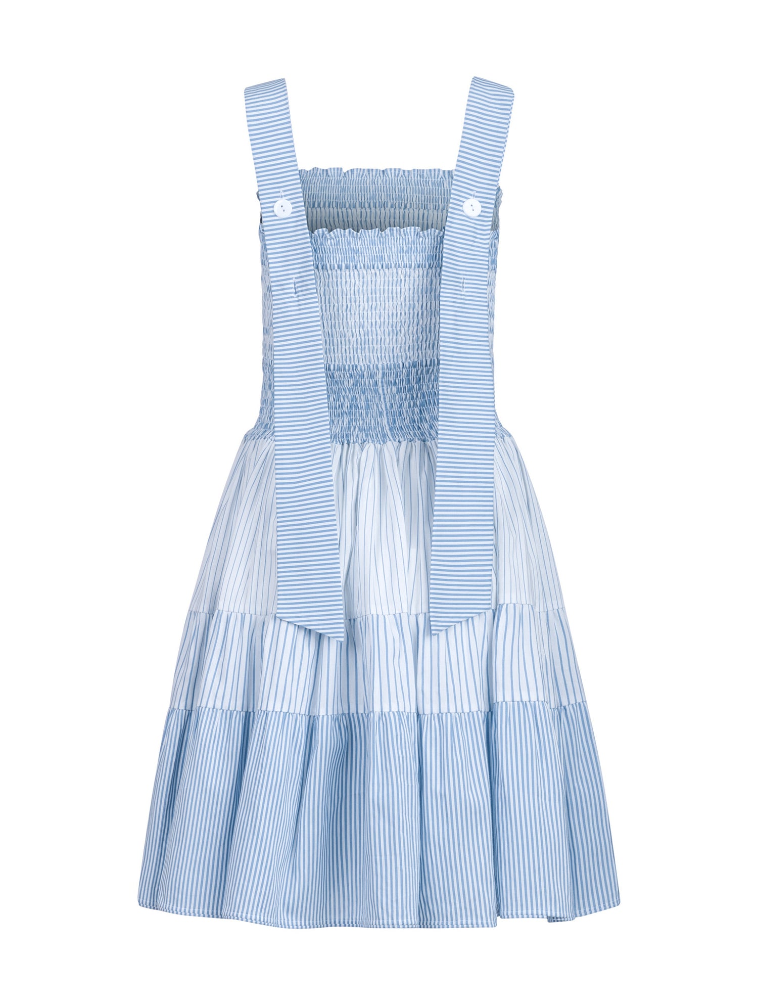 Ausgestelltes Midikleid, unterschiedlichen Stoffkomponenten mit elastischen Smocking im Oberteil, die breiten Träger können auf zwei unterschiedliche Weisen getragen werden, parallel oder überkreuzt durch 2 Köpfe auf der Rückseite.  Reborn, da aus Katarina gemacht.