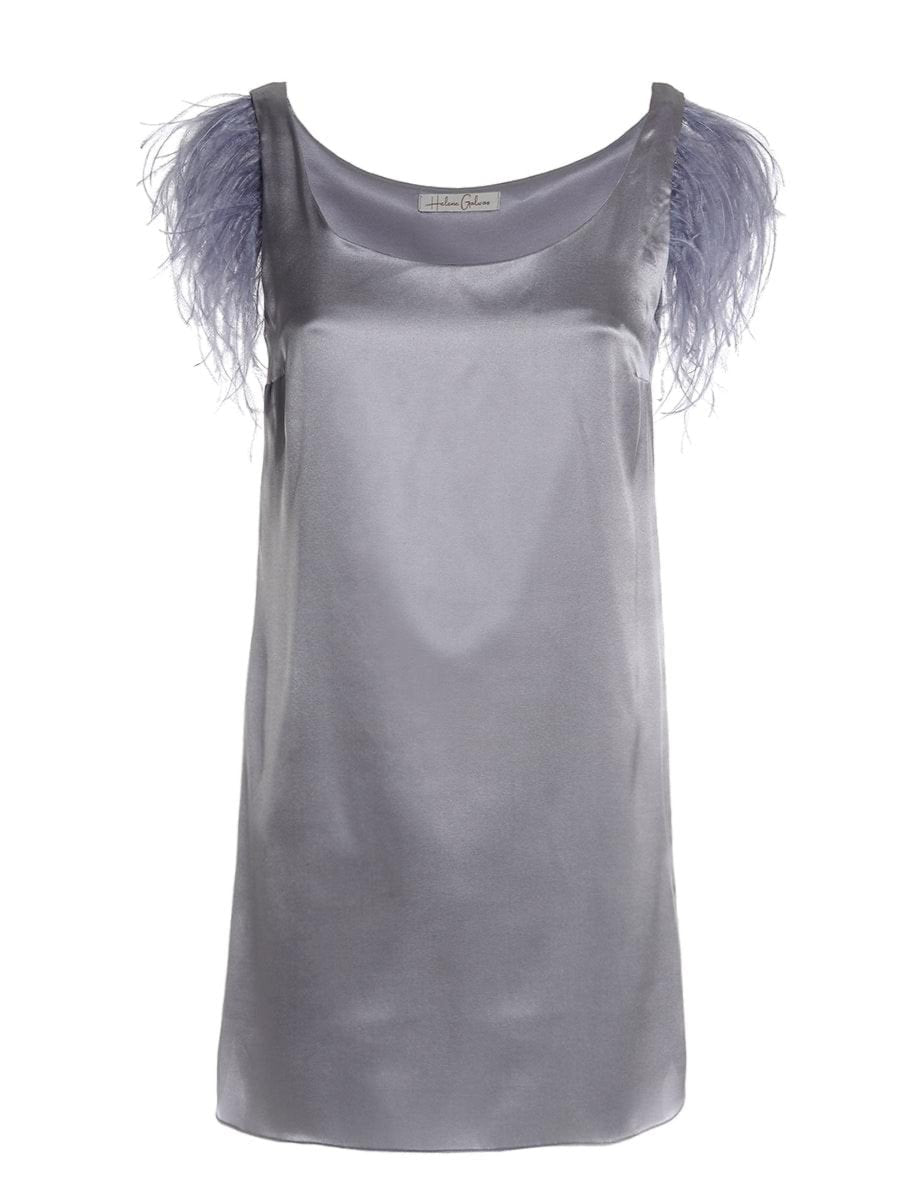 Ärmelloses Mini-Kleid aus hochwertiger Seide mit abnehmbaren Straussenfedern am Arm