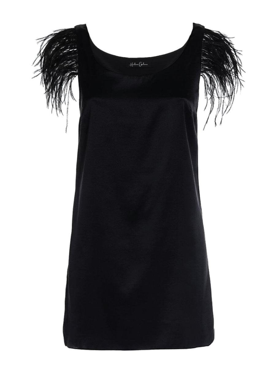 Ärmelloses Mini-Kleid aus hochwertiger Seide mit abnehmbaren Straussenfedern am Arm