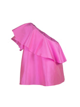 One-Shoulder Top aus 100% Dupionseide, breiten Volants am Ausschnitt und den Ärmeln sowie versteckten Taschen in den Seitennähten