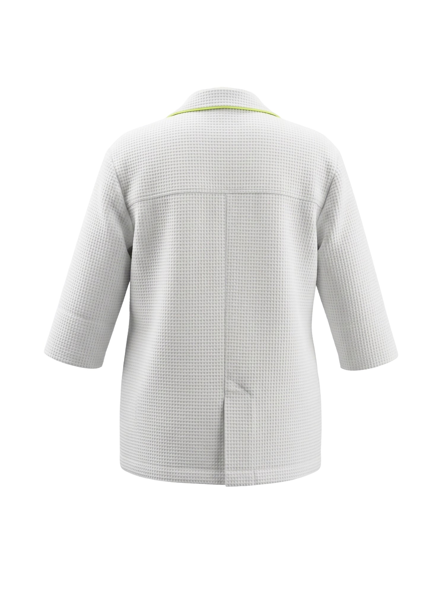 Leichter, figurbetonter Sommerblazer aus weißem Baumwoll-Waffelpiqué mit frischen limefarbenen Details. Ungefüttert, nahezu knitterfrei und Teil unserer Reborn Linie.