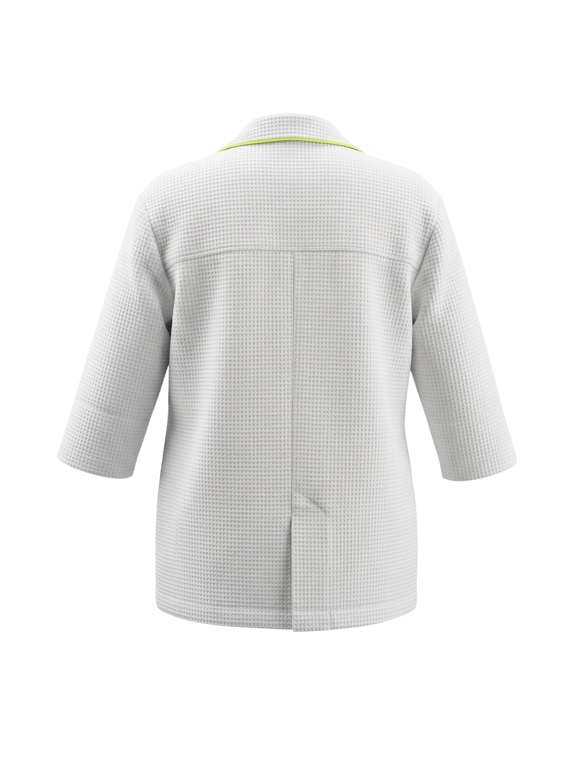 Leichter, figurbetonter Sommerblazer aus weißem Baumwoll-Waffelpiqué mit frischen limefarbenen Details. Ungefüttert, nahezu knitterfrei und Teil unserer Reborn Linie.