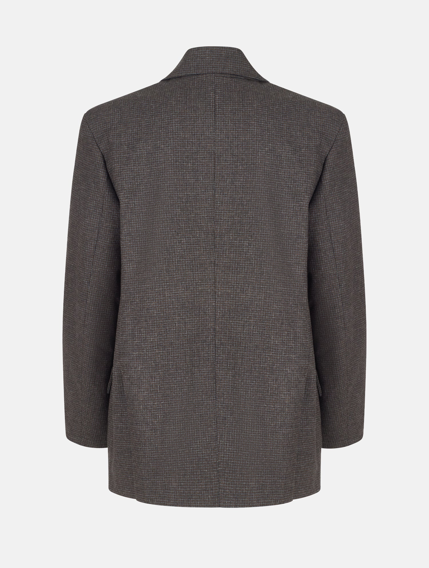 Oversize-Blazer mit breitem Revers, großen Schulterpolstern und überschnittenen Ärmeln sowie zwei Seitenschlitzen auf der Rückseite. Dieses Modell ist Teil unserer REBORN-Linie und steht für unsere "Zero-Waste-Politik", da mit Stoff aus Altbestand gefertigt.