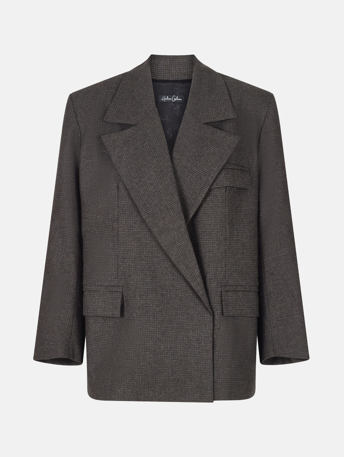 Oversize-Blazer mit breitem Revers, großen Schulterpolstern und überschnittenen Ärmeln sowie zwei Seitenschlitzen auf der Rückseite. Dieses Modell ist Teil unserer REBORN-Linie und steht für unsere "Zero-Waste-Politik", da mit Stoff aus Altbestand gefertigt.