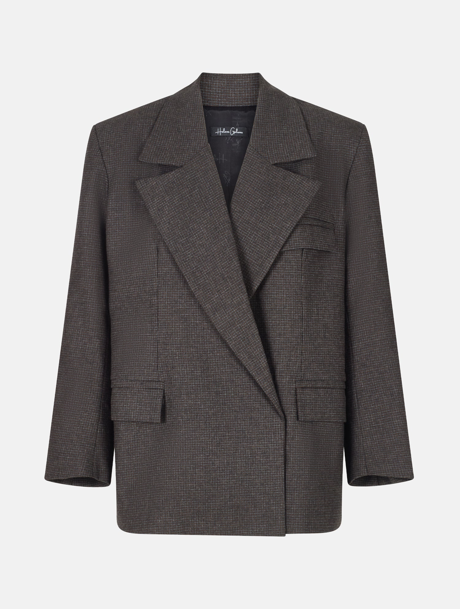 Oversize-Blazer mit breitem Revers, großen Schulterpolstern und überschnittenen Ärmeln sowie zwei Seitenschlitzen auf der Rückseite. Dieses Modell ist Teil unserer REBORN-Linie und steht für unsere "Zero-Waste-Politik", da mit Stoff aus Altbestand gefertigt.
