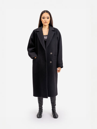 Schwarzer Oversize Mantel Hanna aus Schurwolle von Helene Galwas
