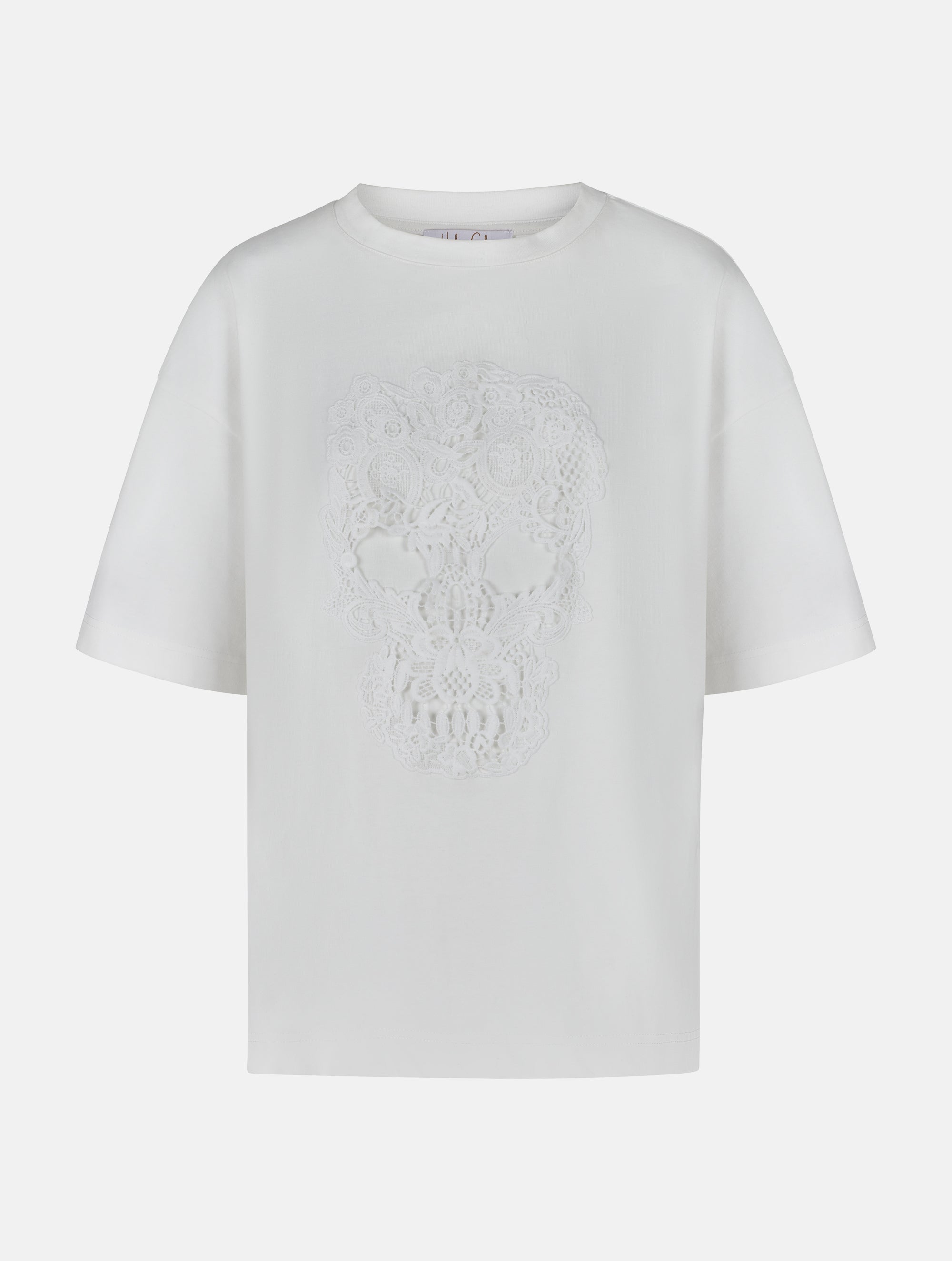 Grade geschnittenes Oversize T-Shirt aus Heavy Jersey mit Totenkopf-Stickerei Applikation. 