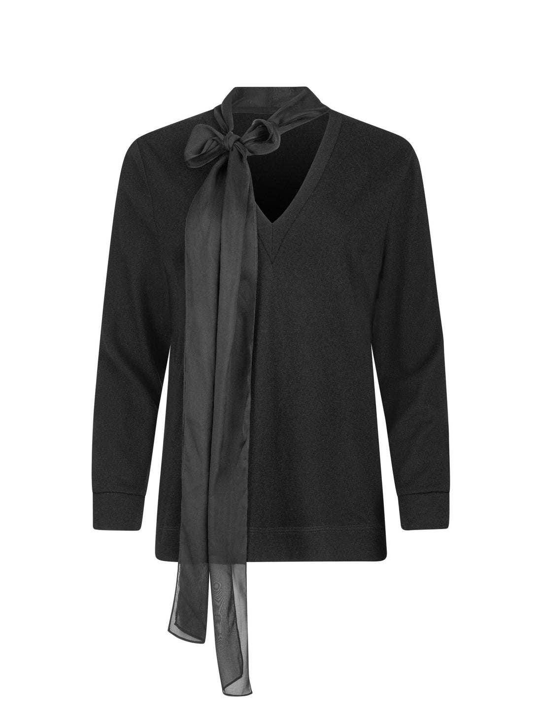 Locker geschnittener V-Ausschnitt-Pullover mit integriertem langen und schmalen Chiffon-Seidenschal.   Dieses Modell ist Teil unserer REBORN-Kollektion und steht für unsere &quot;Zero-Waste-Politik&quot;.