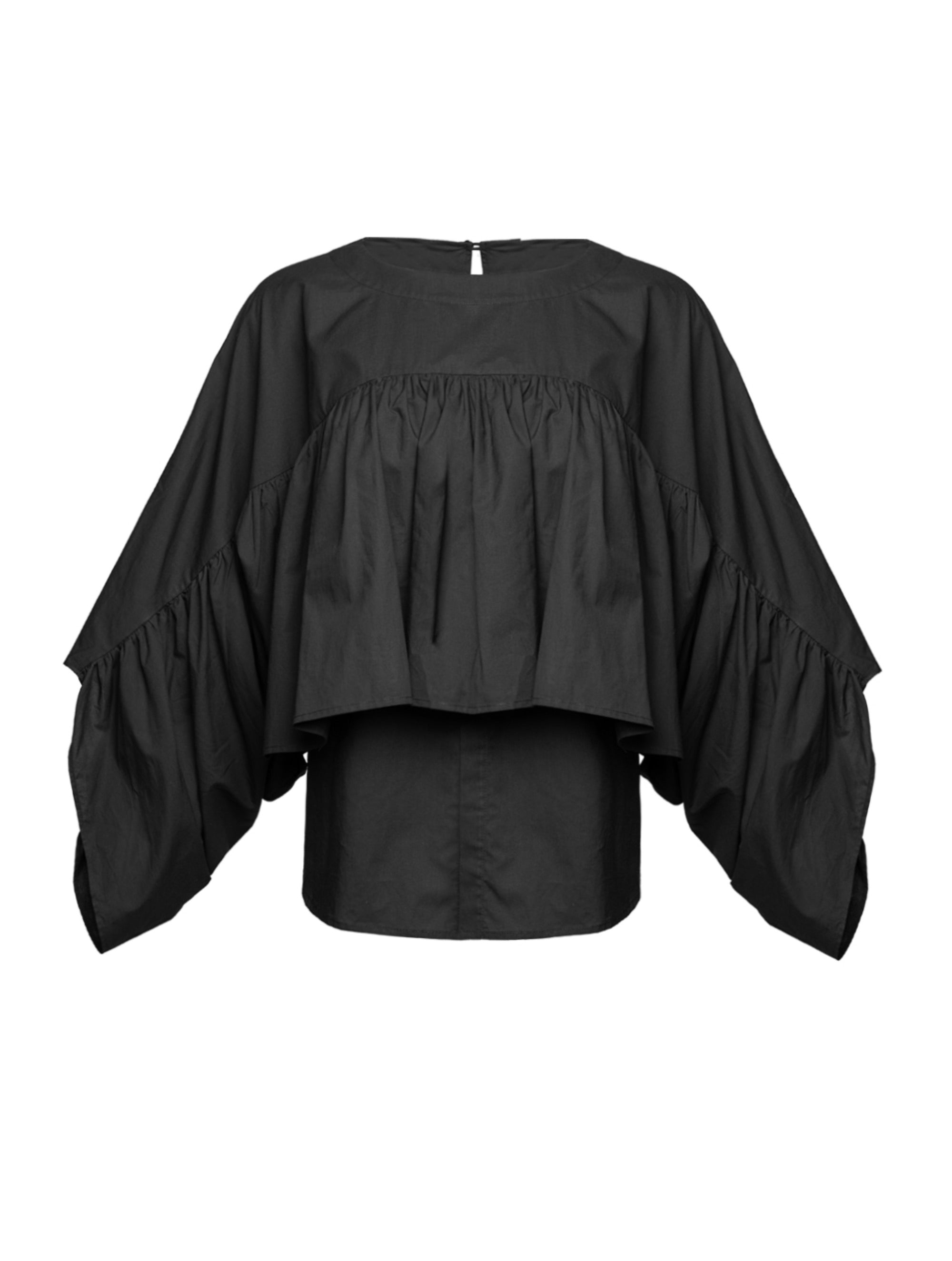 Bluse aus 100% feiner Baumwolle, Rundhalsausschnitt und breiten horizontal verlaufenden Volants im Vorder- und Rückteil sowie an den Ärmeln ausgestattet