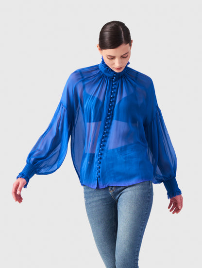 Edle Seiden Chiffonbluse Babett in blau von Helene Galwas.