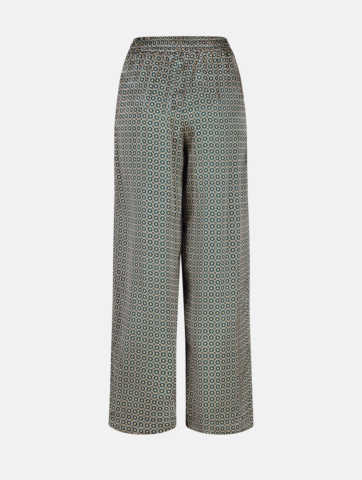 Weit geschnittene Hose mit elastischen Hosenbund, mit mehreren Abnähern am Bund, seitlichen Eingriffstaschen, aus hochwertigster bedruckter Seide gefertigt. Dieses Modell ist Teil unserer REBORN-Linie und steht für unsere "Zero-Waste-Politik", da mit Stoff aus Altbestand gefertigt.