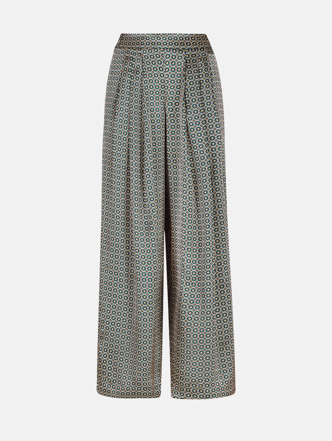 Weit geschnittene Hose mit elastischen Hosenbund, mit mehreren Abnähern am Bund, seitlichen Eingriffstaschen, aus hochwertigster bedruckter Seide gefertigt. Dieses Modell ist Teil unserer REBORN-Linie und steht für unsere "Zero-Waste-Politik", da mit Stoff aus Altbestand gefertigt.