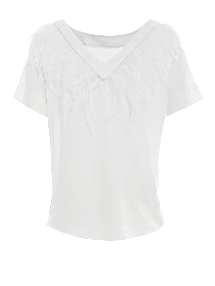 T-Shirt mit Rückenausschnitt aus feinster Viskose und abnehmbaren Federn am Halsausschnitt