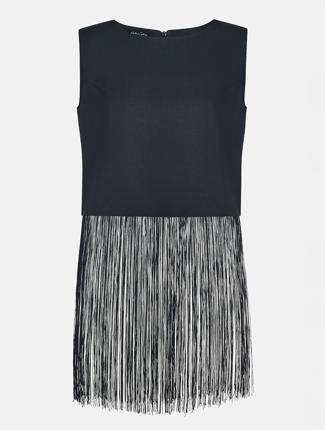 Grade geschnittenes kurzes Top aus Woll-Mix mit abnehmbaren langen Fransen aus Viskose. Dieses Modell ist Teil unserer Reborn Linie, da aus dem ehemaligen Top Alissa hergestellt worden ist.