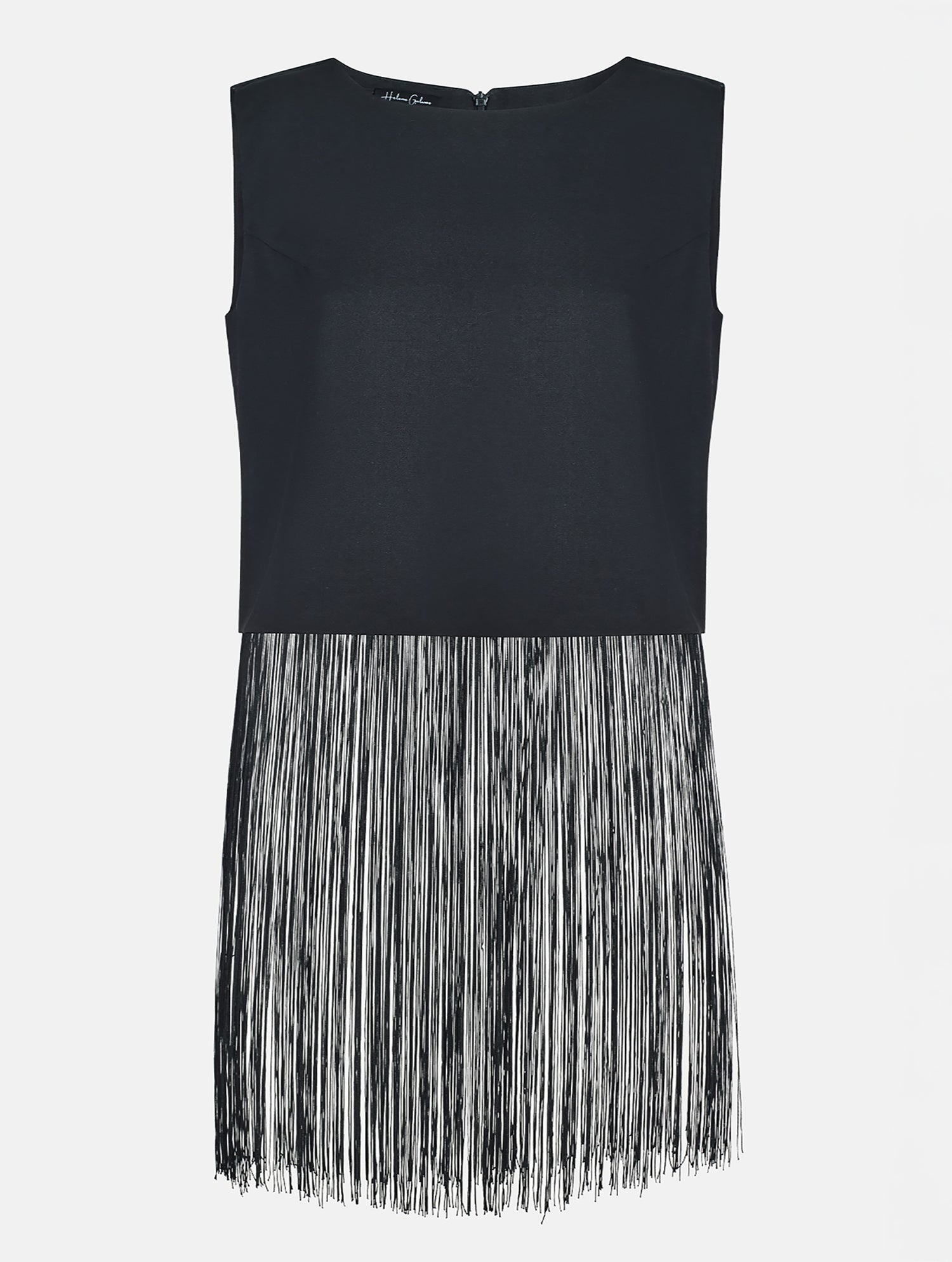 Grade geschnittenes kurzes Top aus Woll-Mix mit abnehmbaren langen Fransen aus Viskose. Dieses Modell ist Teil unserer Reborn Linie, da aus dem ehemaligen Top Alissa hergestellt worden ist.