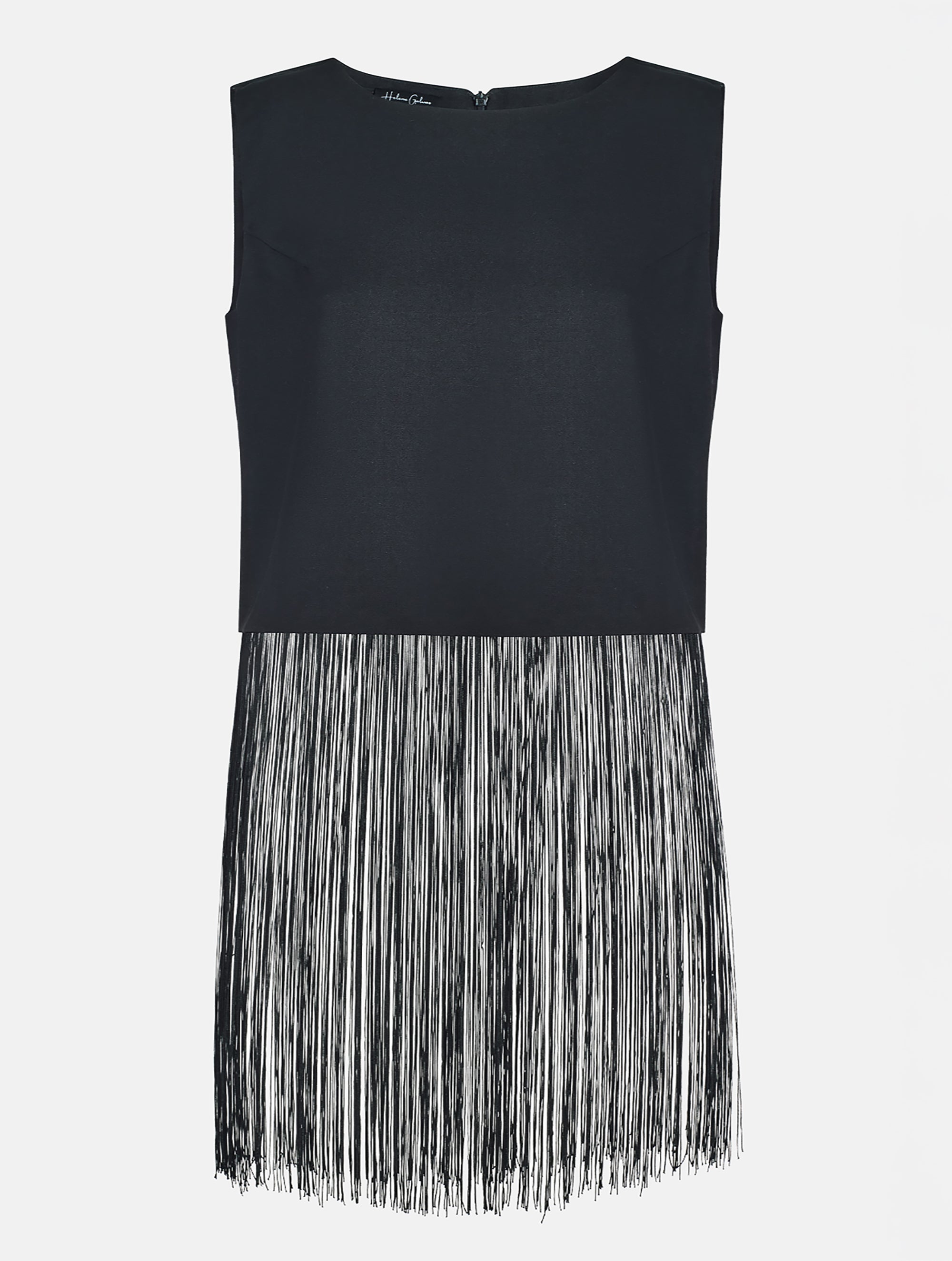 Grade geschnittenes kurzes Top aus Woll-Mix mit abnehmbaren langen Fransen aus Viskose. Dieses Modell ist Teil unserer Reborn Linie, da aus dem ehemaligen Top Alissa hergestellt worden ist.