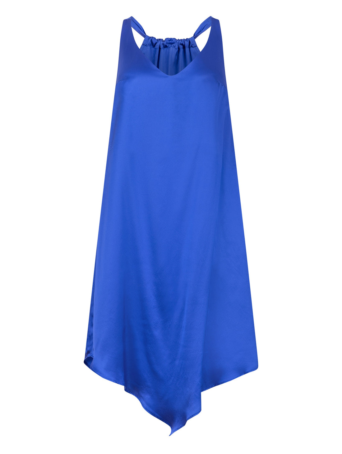 Zeitloses Trägerkleid aus fließender Satinseide mit tiefem V-Ausschnitt und spitz zulaufend für eine raffinierte Silhouette
