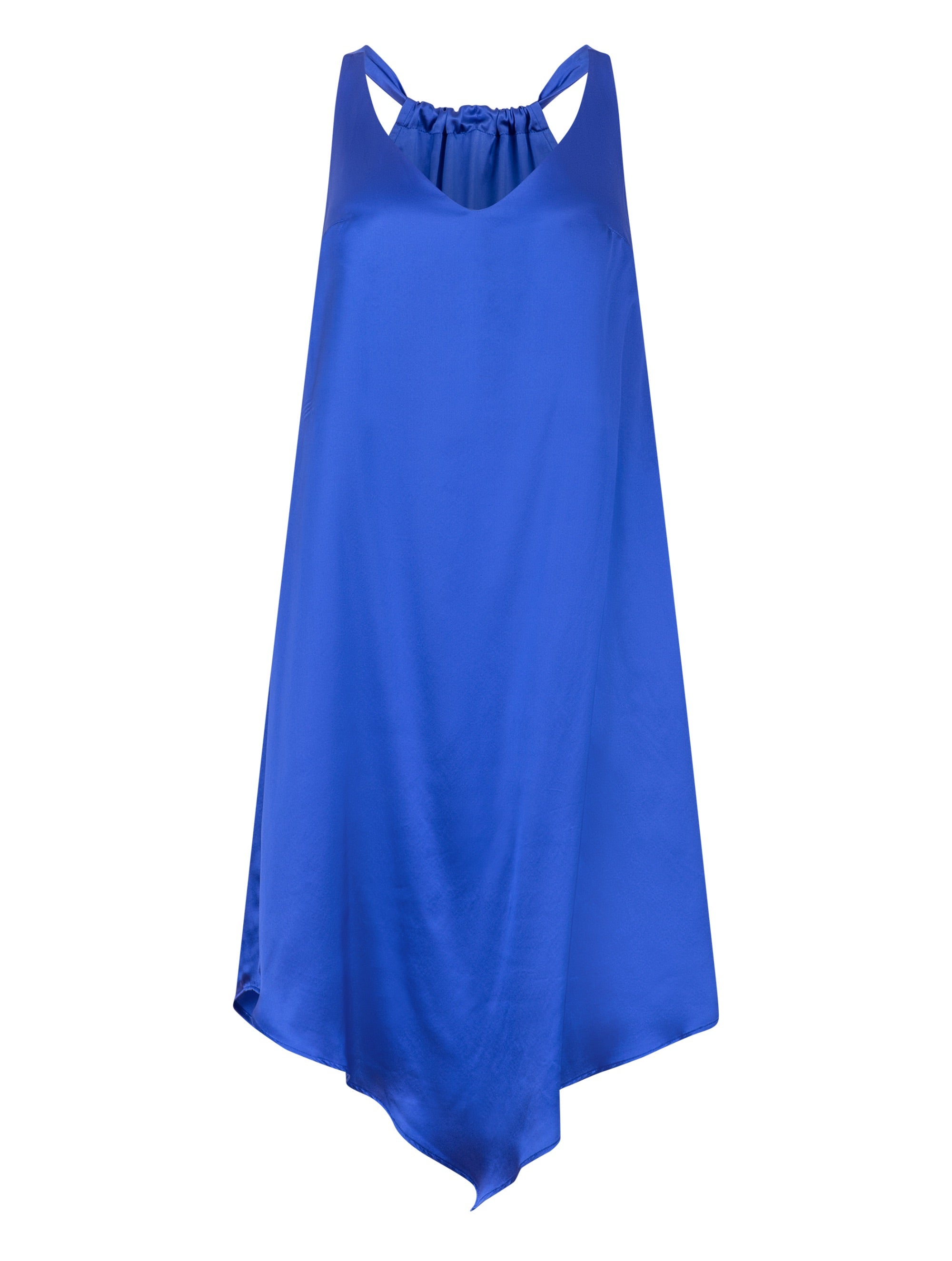 Zeitloses Trägerkleid aus fließender Satinseide mit tiefem V-Ausschnitt und spitz zulaufend für eine raffinierte Silhouette