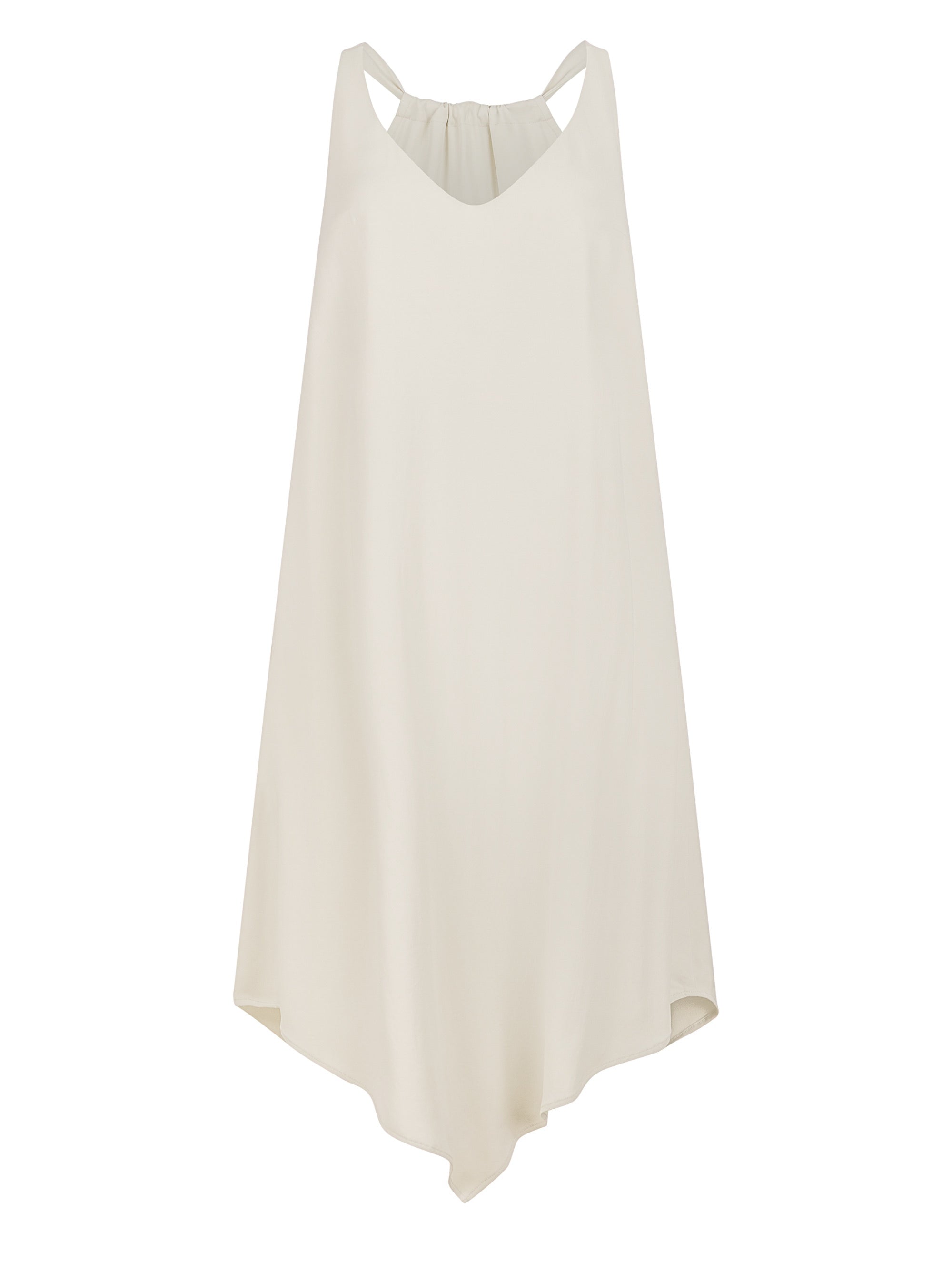 Zeitloses Trägerkleid aus fließender Satinseide mit tiefem V-Ausschnitt und spitz zulaufend für eine raffinierte Silhouette.