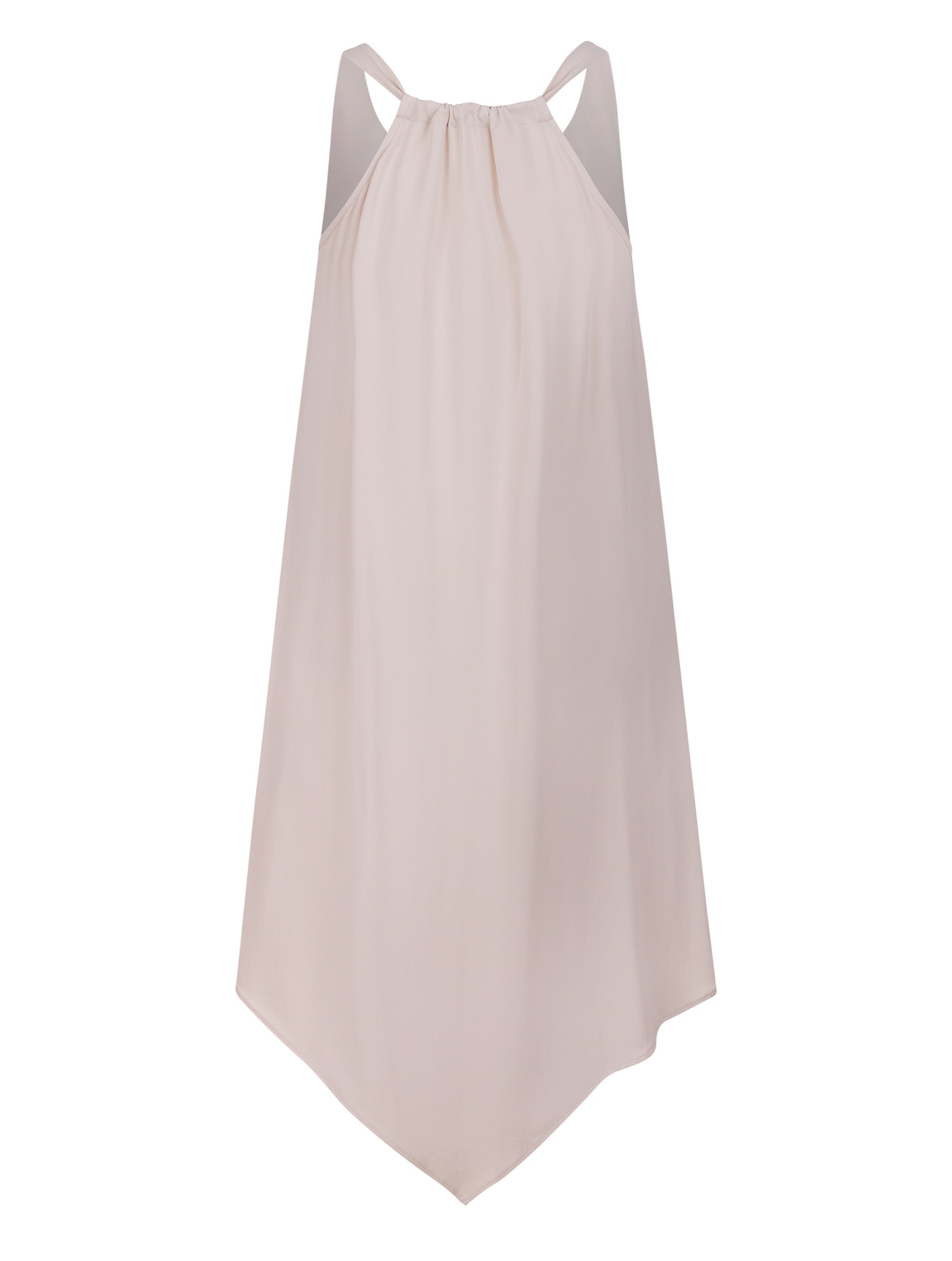 Zeitloses Trägerkleid aus fließender Satinseide mit tiefem V-Ausschnitt und spitz zulaufend für eine raffinierte Silhouette