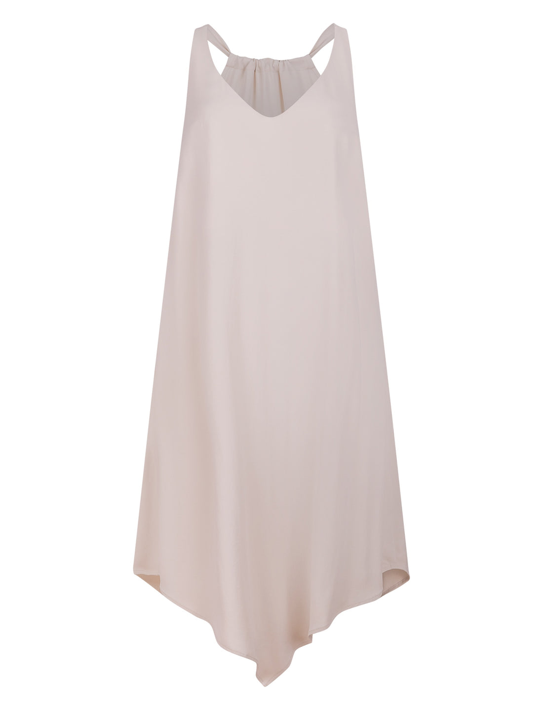 Zeitloses Trägerkleid aus fließender Satinseide mit tiefem V-Ausschnitt und spitz zulaufend für eine raffinierte Silhouette