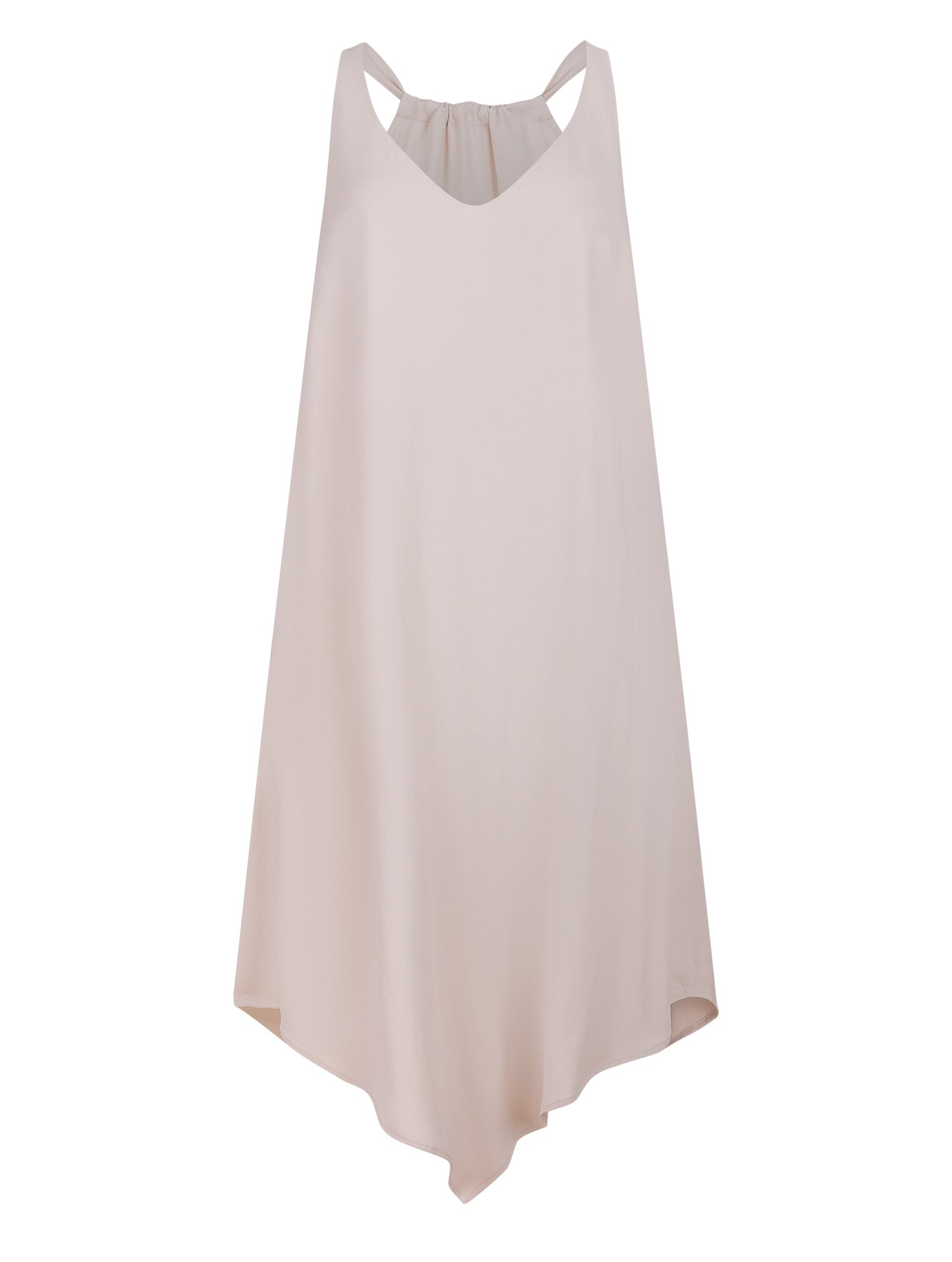 Zeitloses Trägerkleid aus fließender Satinseide mit tiefem V-Ausschnitt und spitz zulaufend für eine raffinierte Silhouette