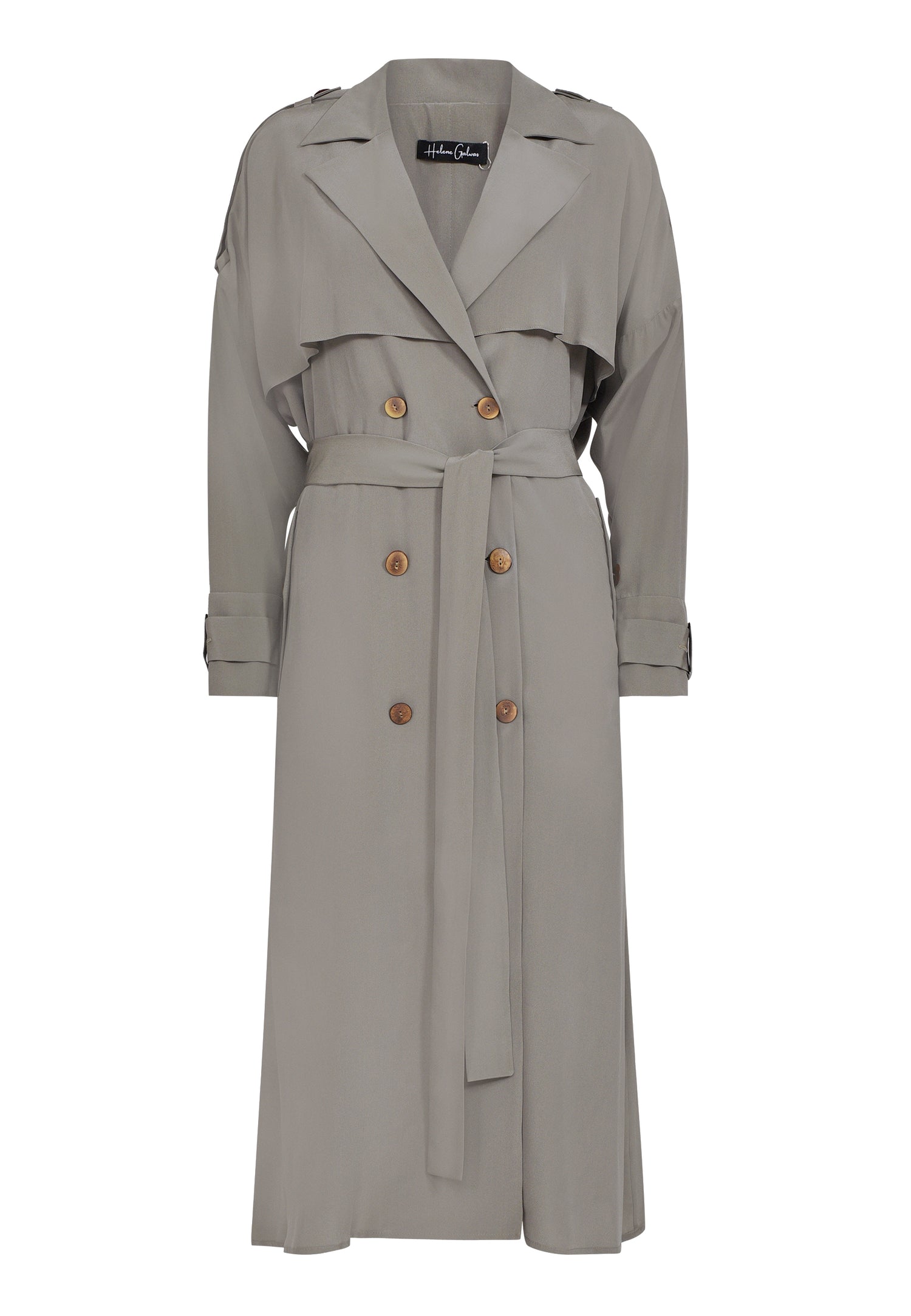 Doppelreihiger Trenchcoat aus 100% Seide, mit Schulter -und Rückencoller und extralangen Schulter- und Manschettenriegel.