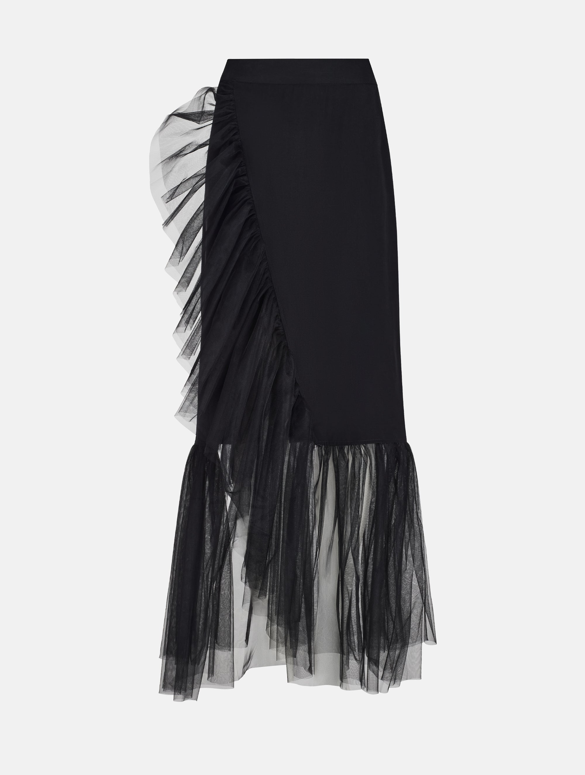 Figurbetonter knielanger Wickelrock mit doppelgelegtem breiten Volant aus Tüll und Bändern zum Binden in der Taille. Dieses Modell ist Teil unserer Reborn Linie, da es aus dem ehemaligen Rock Berta hergestellt worden ist. 