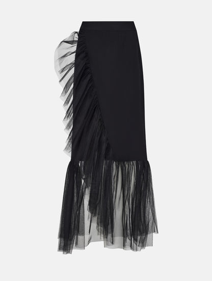 Figurbetonter knielanger Wickelrock mit doppelgelegtem breiten Volant aus Tüll und Bändern zum Binden in der Taille. Dieses Modell ist Teil unserer Reborn Linie, da es aus dem ehemaligen Rock Berta hergestellt worden ist. 