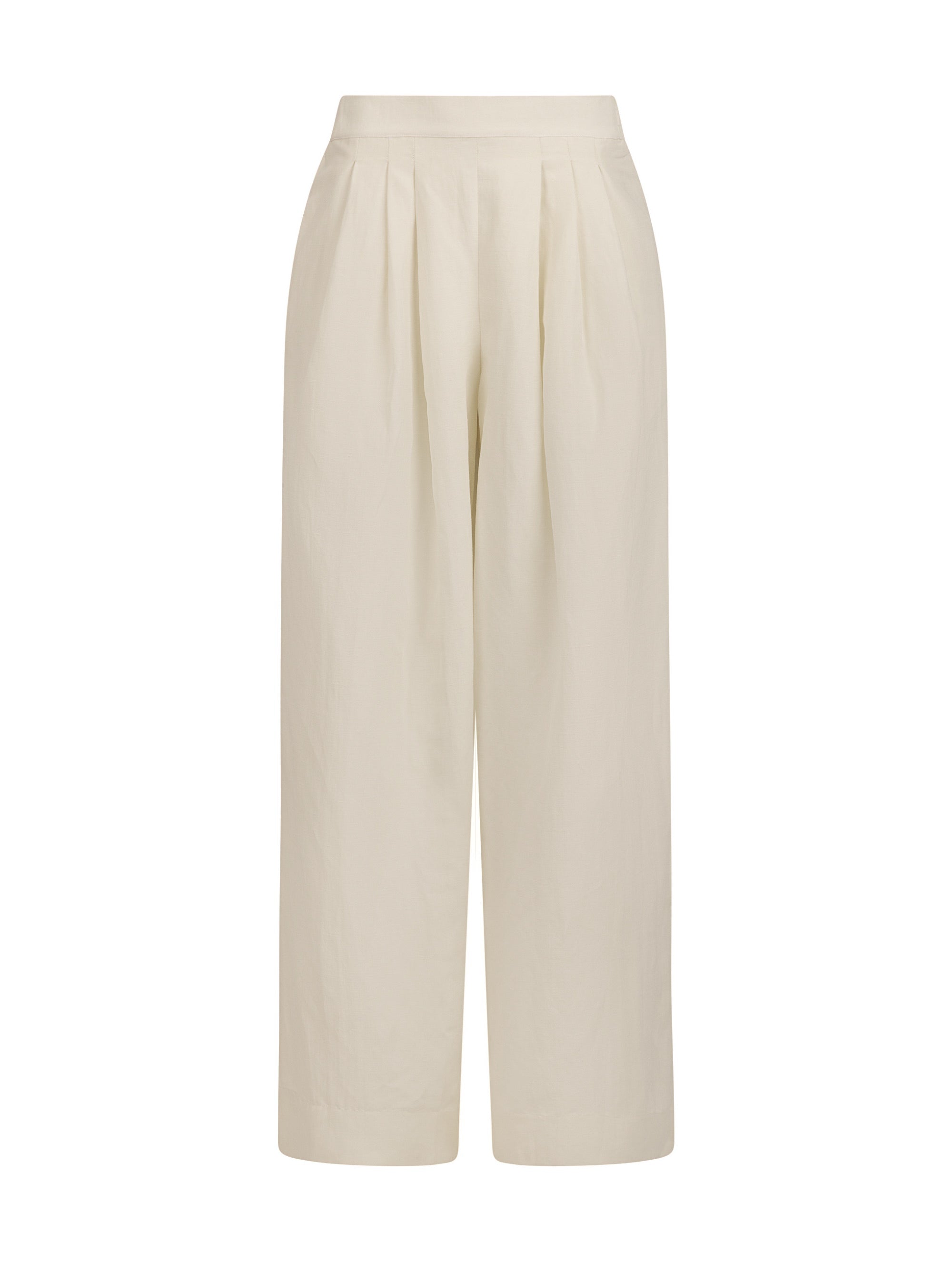 Weit geschnittene Hose mit elastischen Hosenbund, mit mehreren Abnähern am Bund, seitliche Eingriffstaschen, aus hochwertigem Leinen-Silk Mix. Stoff kommt aus einem Dead Stock, daher nachhaltig.