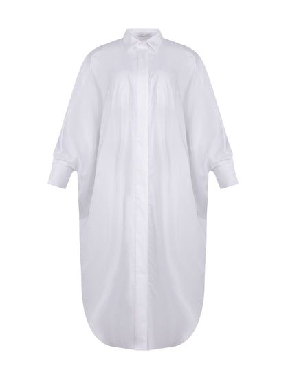 Weites Maxikleid, sophisticated Look durch den ausgefallenen Rückenauschnitt, der sich verstellen lässt, sodass man die Tiefe des Rückenausschnitts anpassen kann, Lange Ärmel mit klassischen Hemdmanschetten und Kragen.