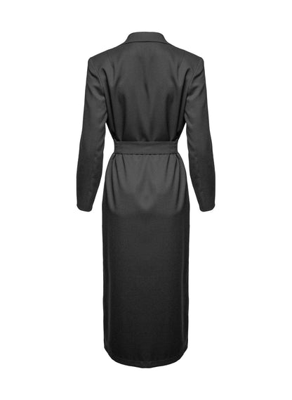 Schwarzer Wollmix Mantel, taillierte Passform, hohe Seitenschlitze für eine schlanke Silhouette mit oder ohne Gürtel tragbar