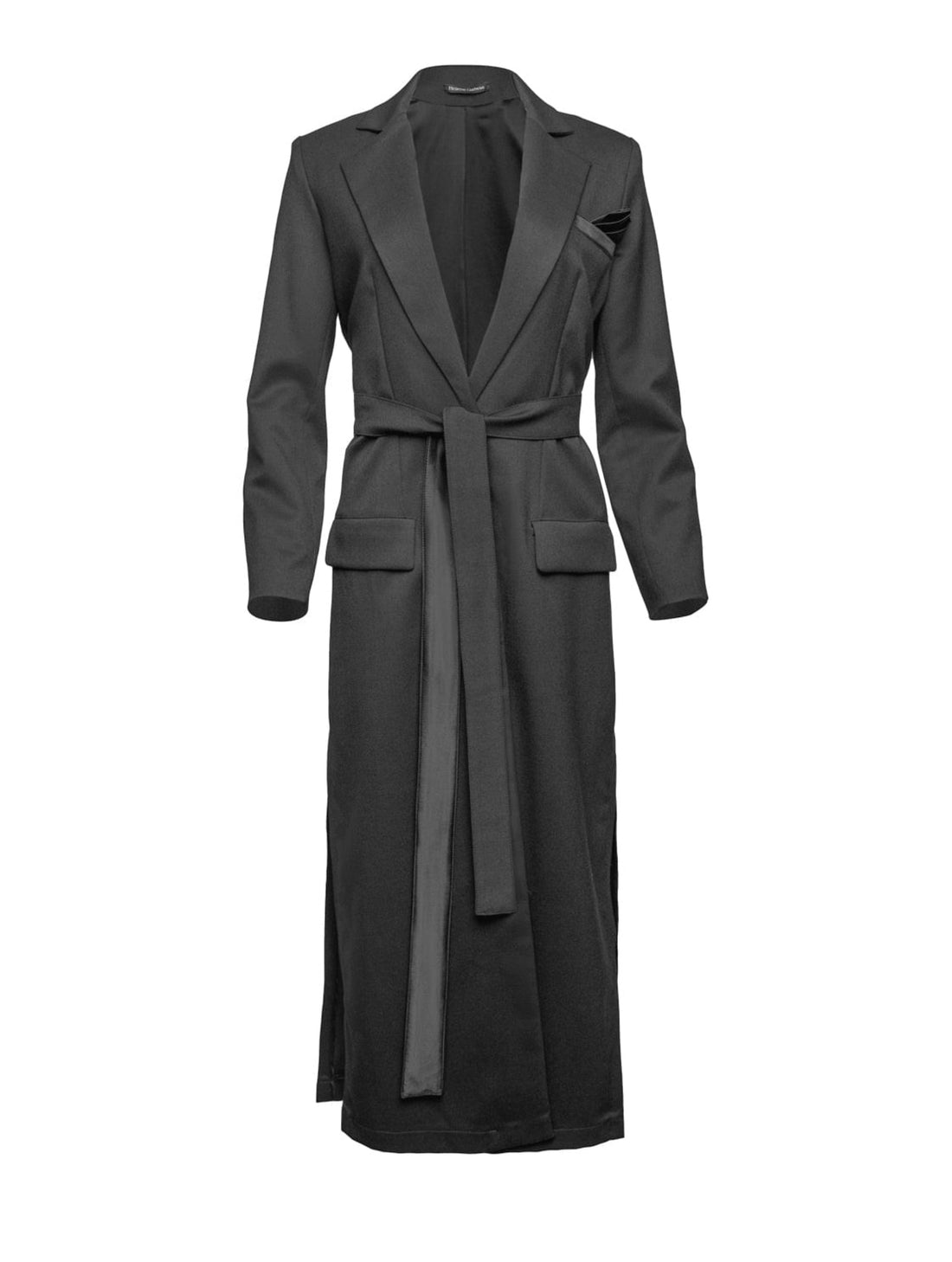Schwarzer Wollmix Mantel, taillierte Passform, hohe Seitenschlitze für eine schlanke Silhouette mit oder ohne Gürtel tragbar