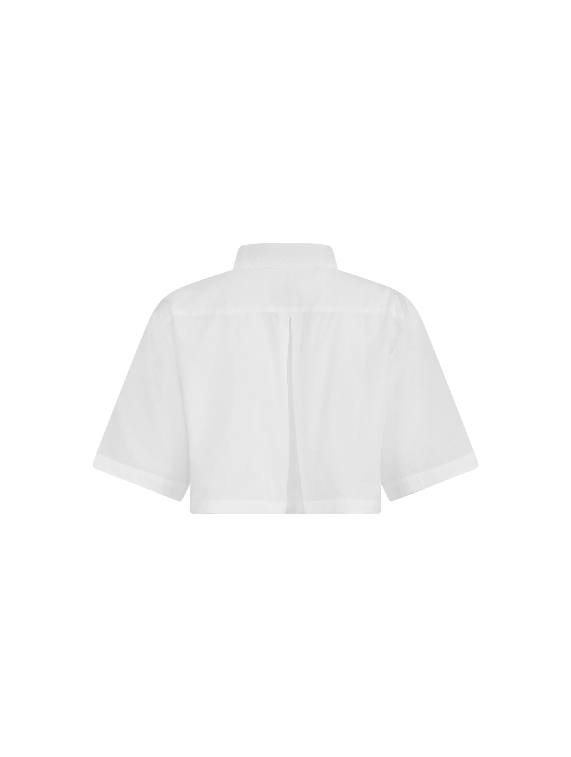 Weiße Baumwoll-Crop-Bluse mit weitem Umlegekragen und abnehmbaren Krawatten-Accessoires aus schwarzer Baumwolle. Dieses Produkt ist Teil unserer Reborn Linie.