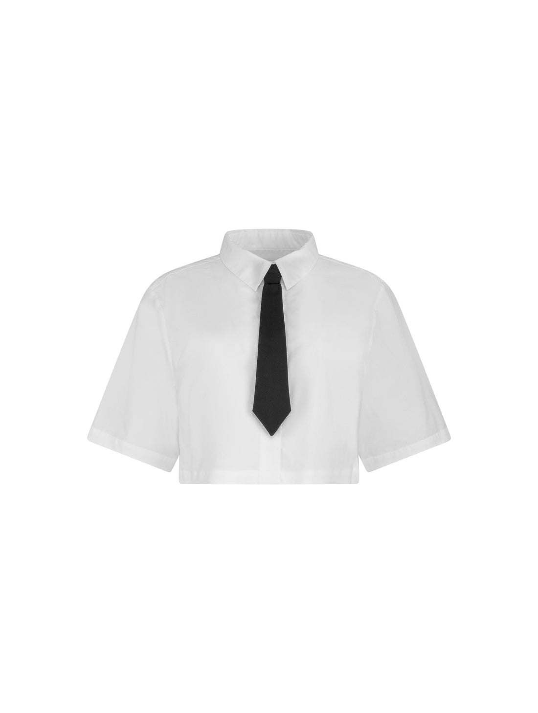 Weiße Baumwoll-Crop-Bluse mit weitem Umlegekragen und abnehmbaren Krawatten-Accessoires aus schwarzer Baumwolle. Dieses Produkt ist Teil unserer Reborn Linie.