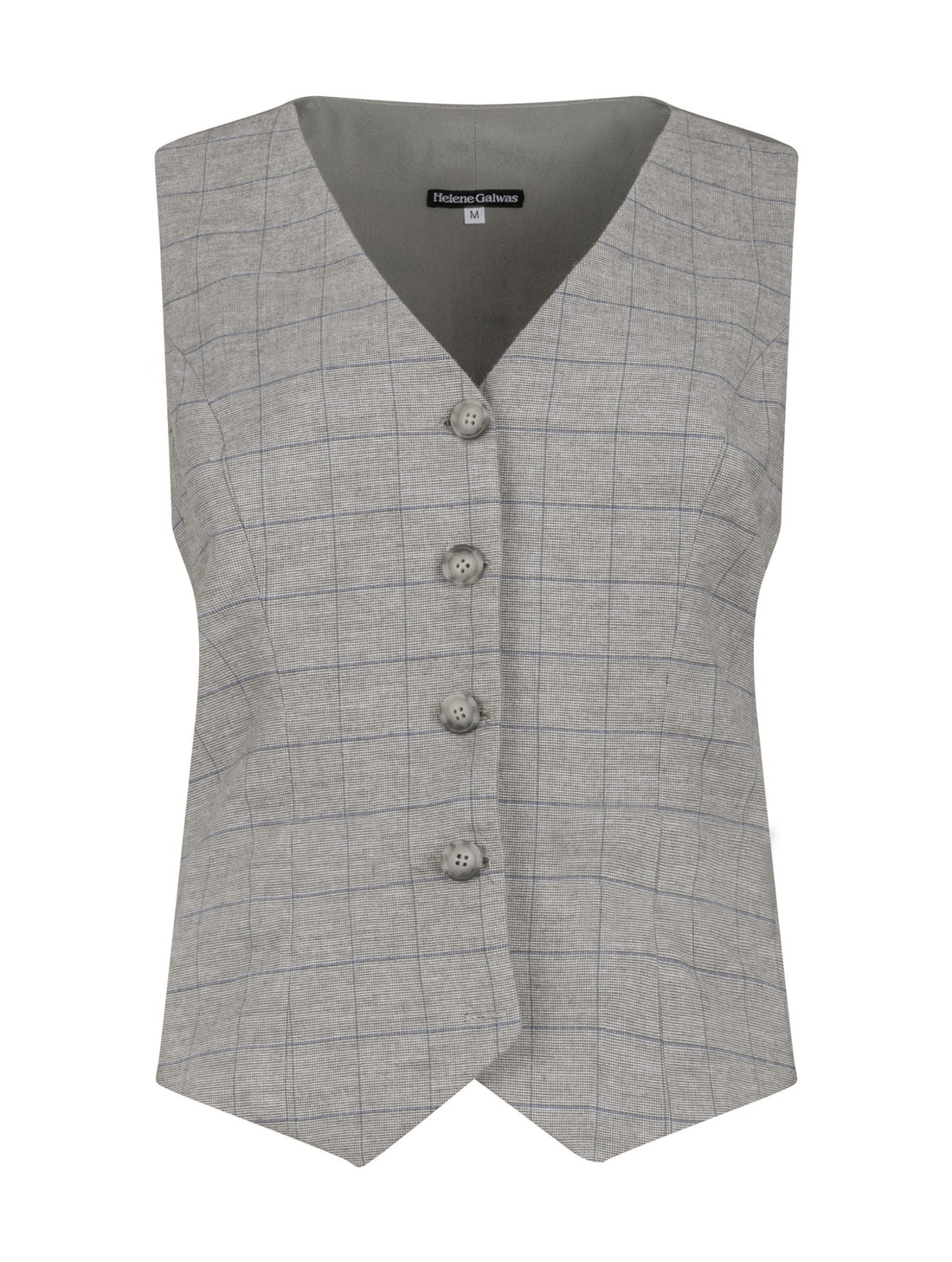 Taillierte Weste mit grauem Seidenrücken. Hergestellt mit nachhaltigen Fasern, sowie Stoffen aus unserem Altbestand im Sinne unserer "Zero-Waste-Politik".