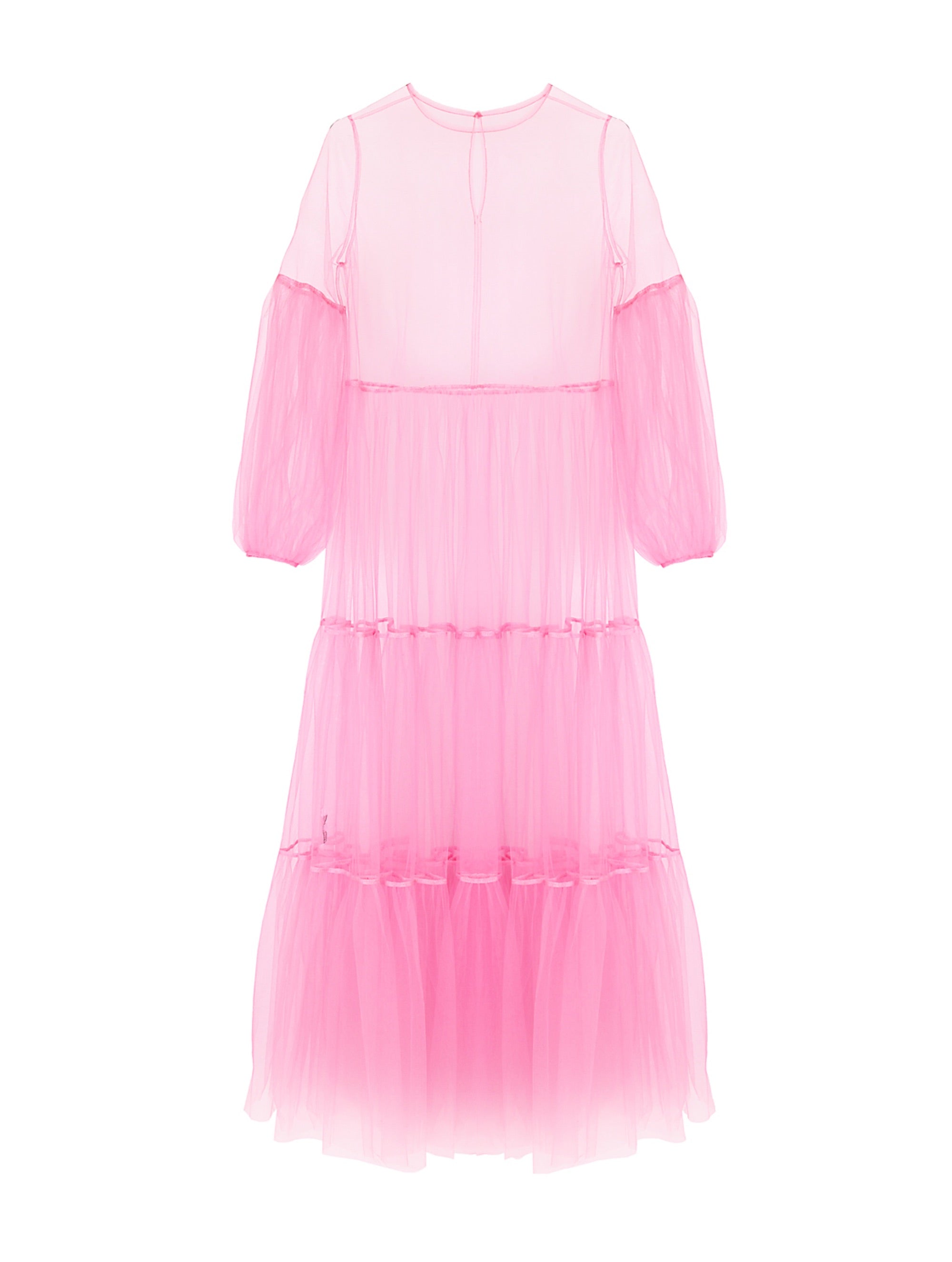 Neon pinkes Maxikleid aus Tüll mit weitem Rock und Puffärmeln